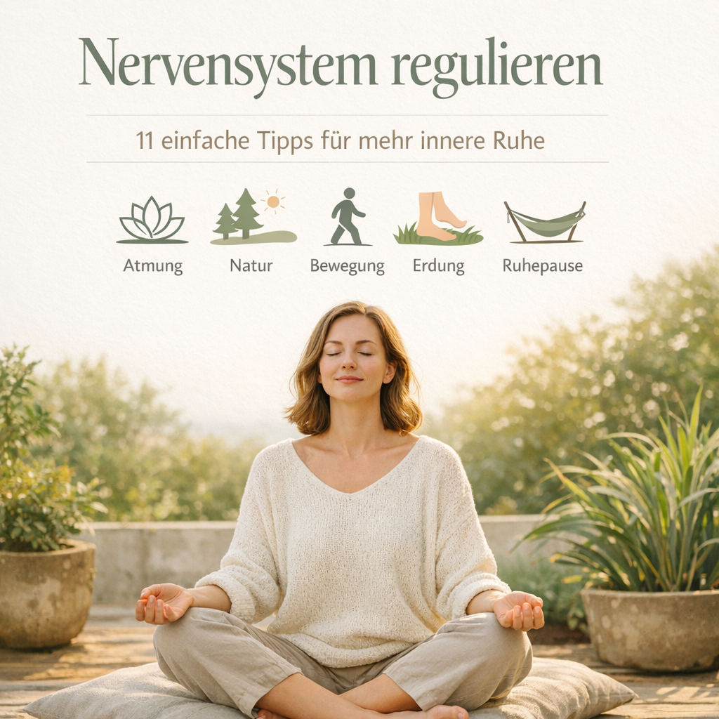 Nervensystem regulieren – Frau sitzt entspannt in der Natur und atmet ruhig für mehr innere Ruhe