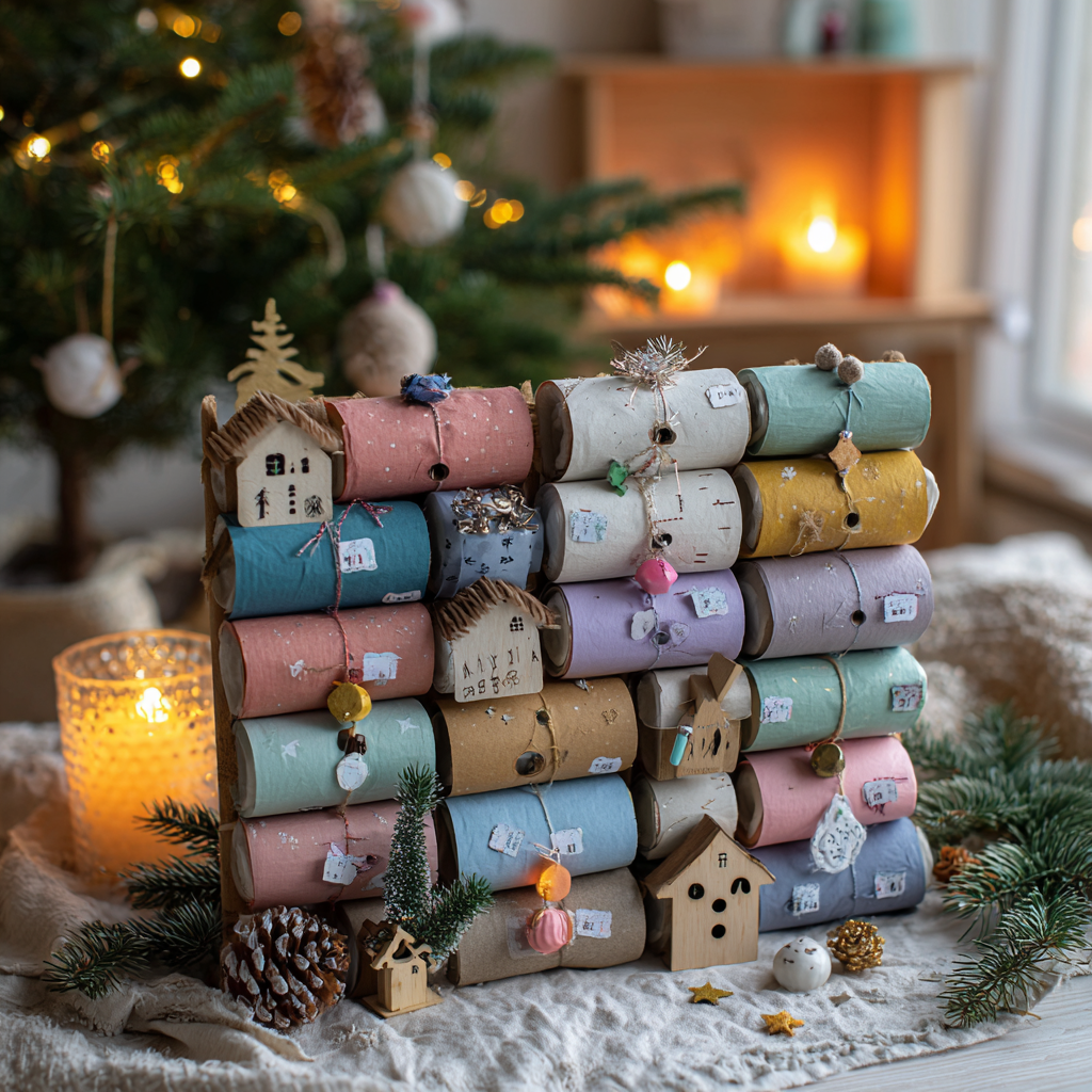 Handgemachter Adventskalender für Kinder ohne Zucker aus recycelten Toilettenpapierrollen mit kleinen Geschenken und Zetteln, nachhaltig und kreativ gestaltet.