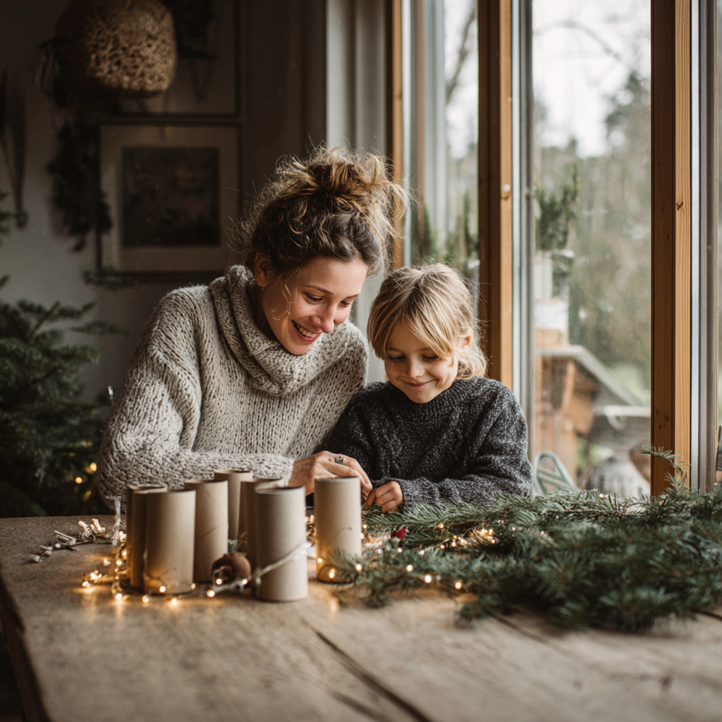 Mutter und Kind basteln einen Adventskalender für Kinder ohne Zucker aus Toilettenpapierrollen und Naturmaterialien in gemütlicher Weihnachtsatmosphäre.