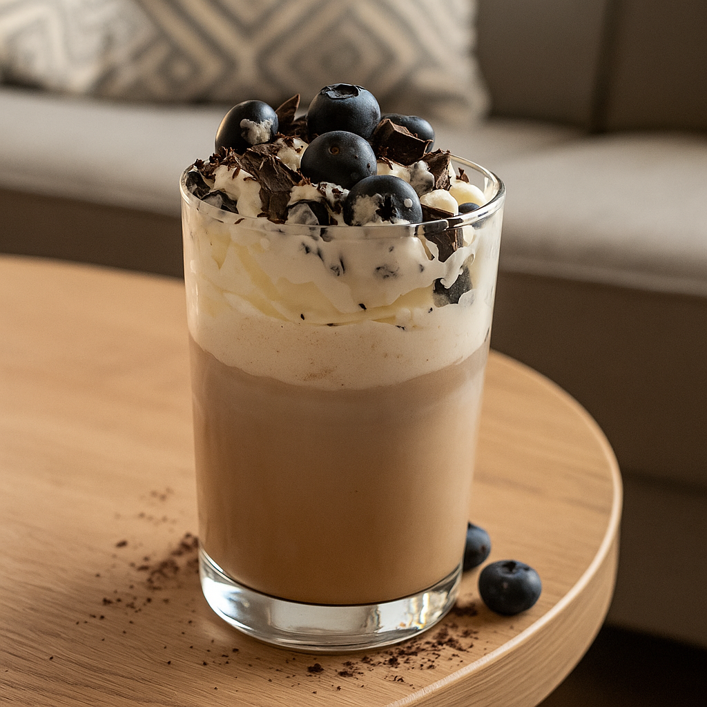 20251102_2255_Glas auf Wohnzimmertisch_remix_01k93904hje948569yd4eyc80c Eiskaffe vegan auf einem Tisch