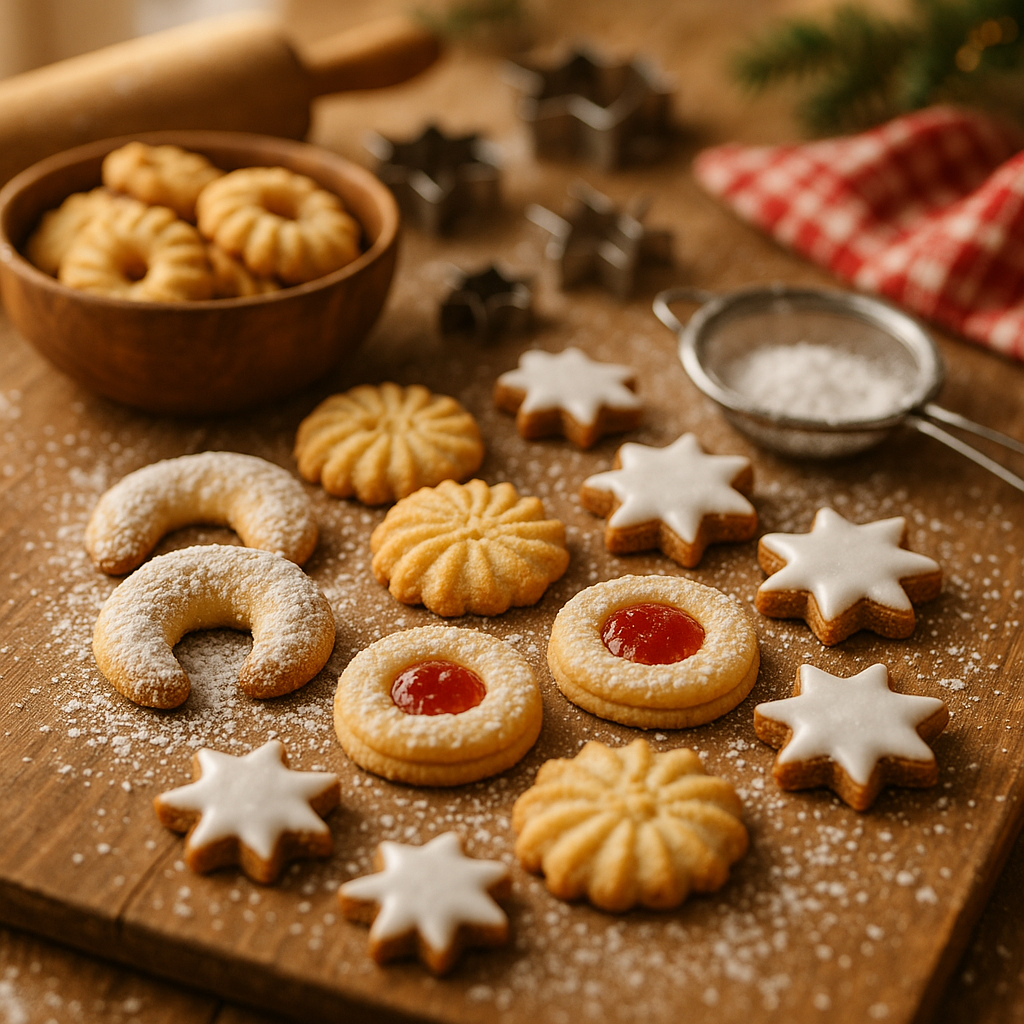 Verschiedene frisch gebackene Weihnachtsplätzchen wie Vanillekipferl, Butterplätzchen, Zimtsterne und Marmeladen-Spitzbuben auf einem rustikalen Holztisch, warme festliche Lichtstimmung