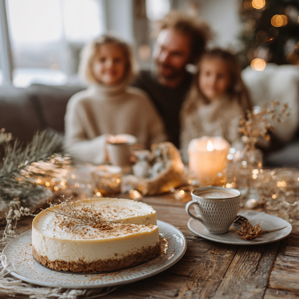 Familie feiert Weihnachten mit Käsekuchen