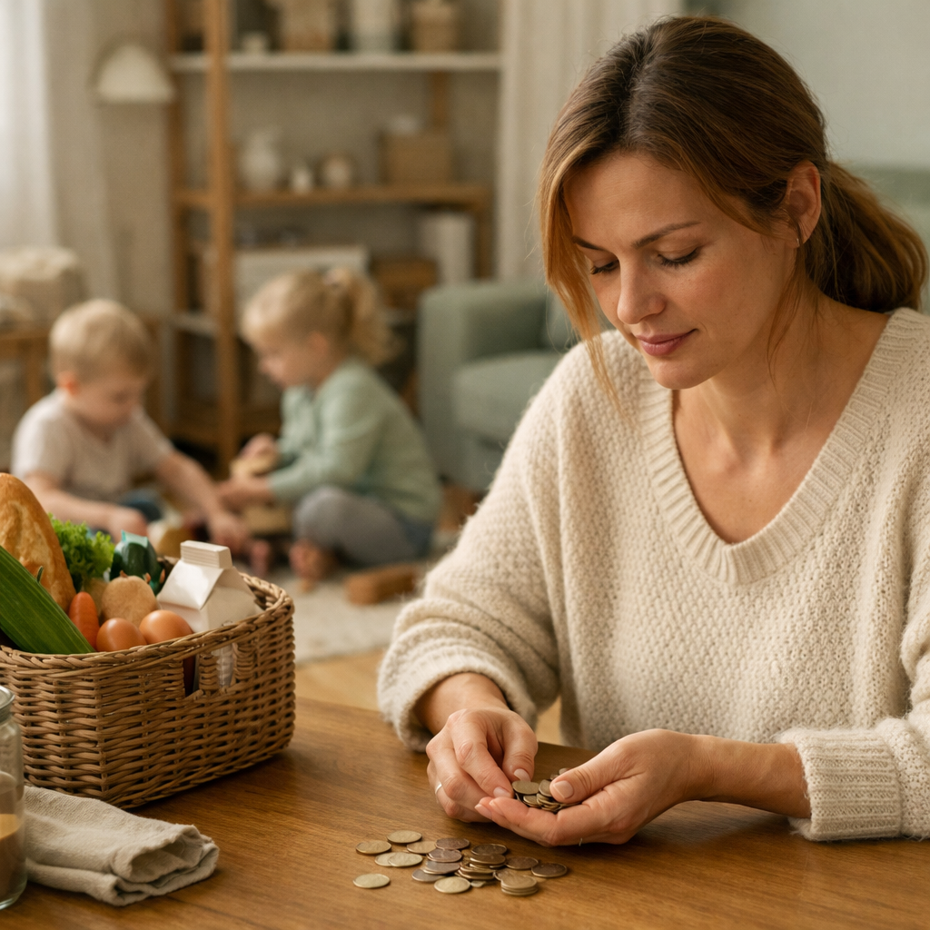 Eine Mutter zählt Kleingeld für den Wocheneinkauf