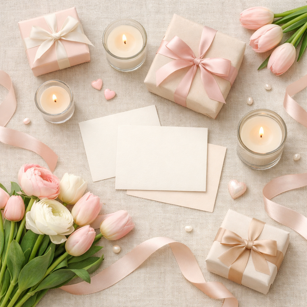 Rosa Deko zum Valentinstag mit Tulpen, Kerze und Geschenk verpackt in rosa Papier