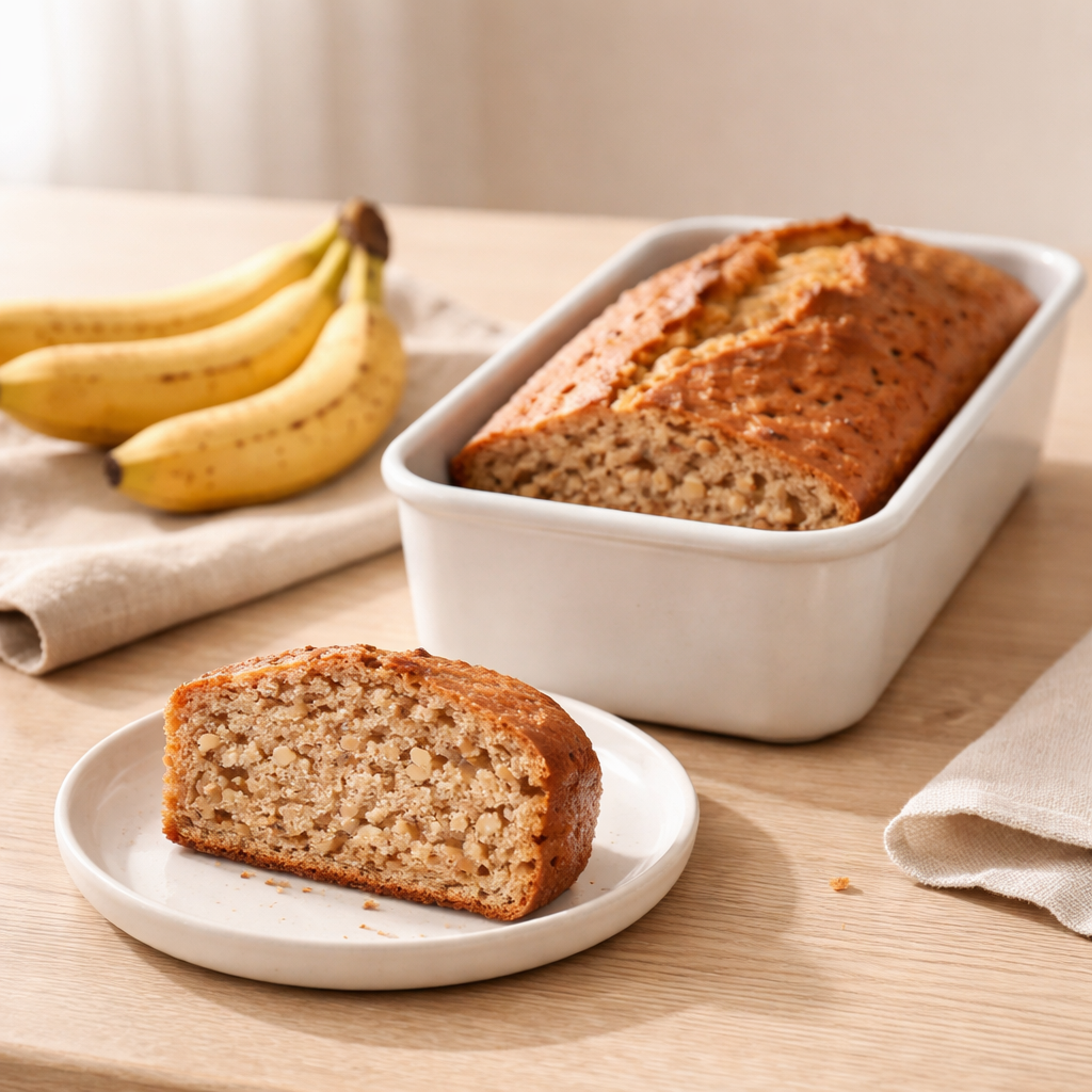 Bananenbrot, frisch gebacken in einer Keramikform und reife Bananen liegen daneben