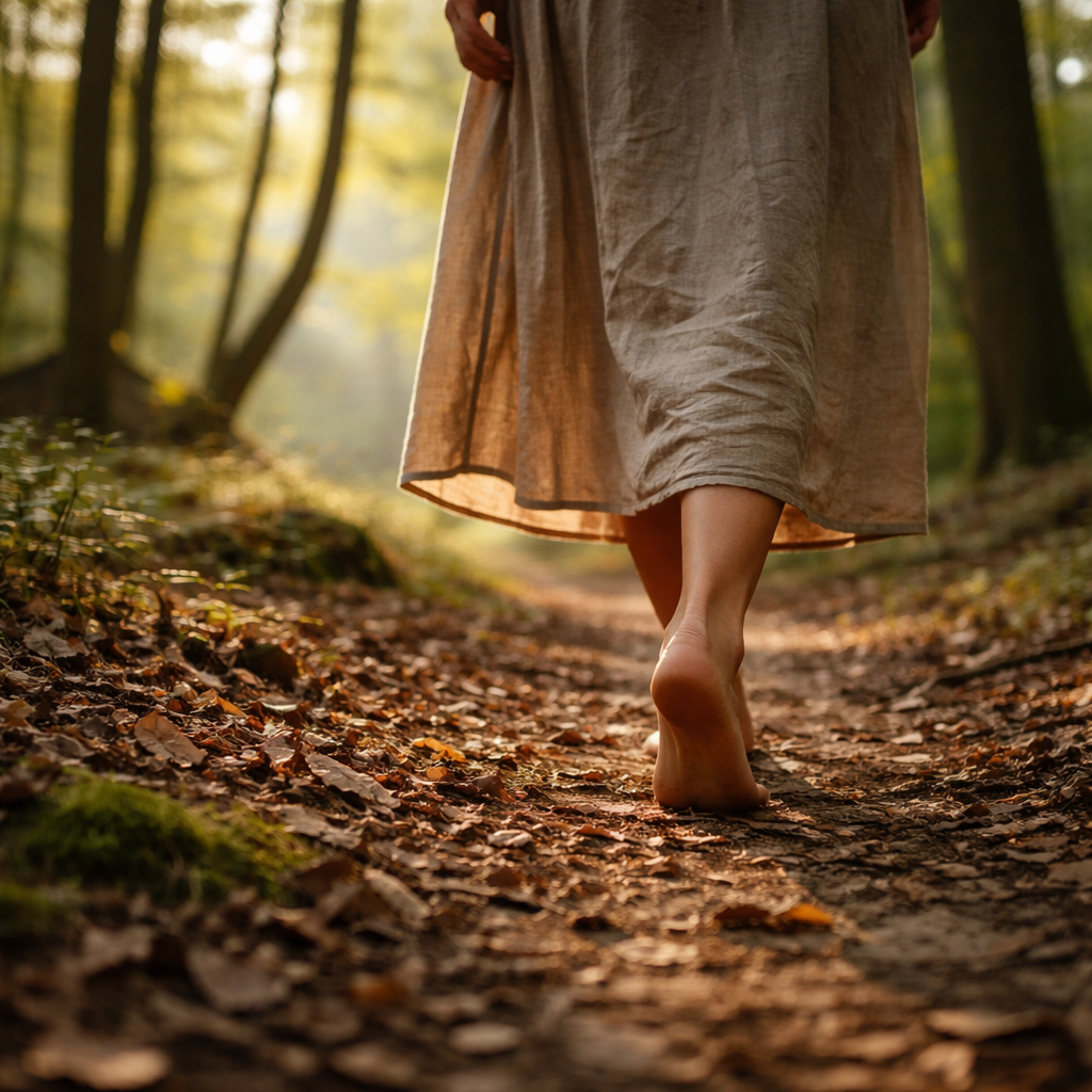 Erden durch barfuß über den Waldboden laufen.