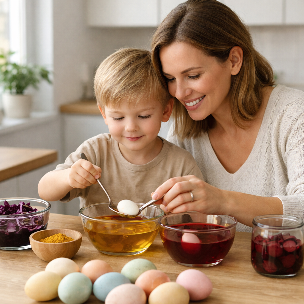 Mutter mit kleinem Sohn beim Ostereier färben