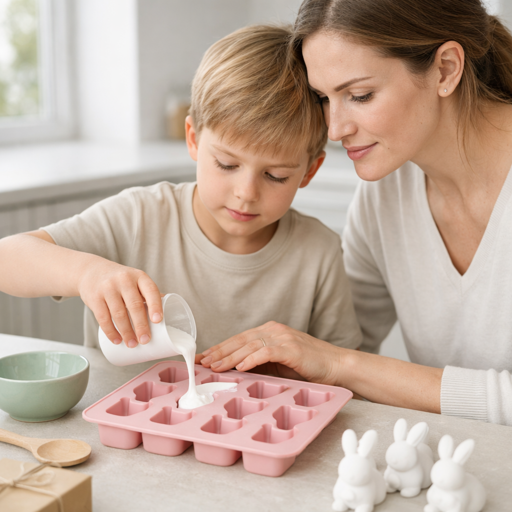 Mutter und Kind gießen kleine Osterhasen aus Gips