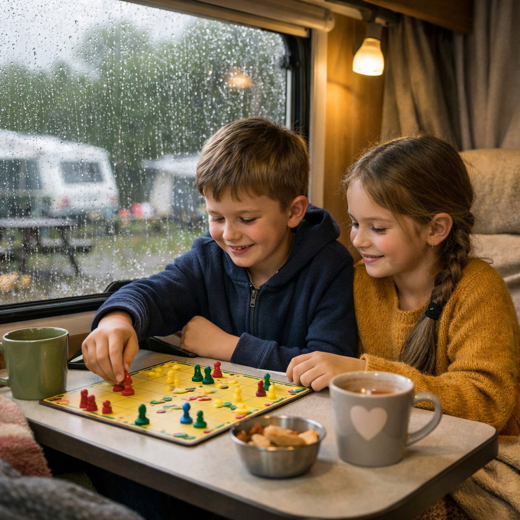 Kinder spielen bei Regen im Wohnwagen Tischspiele