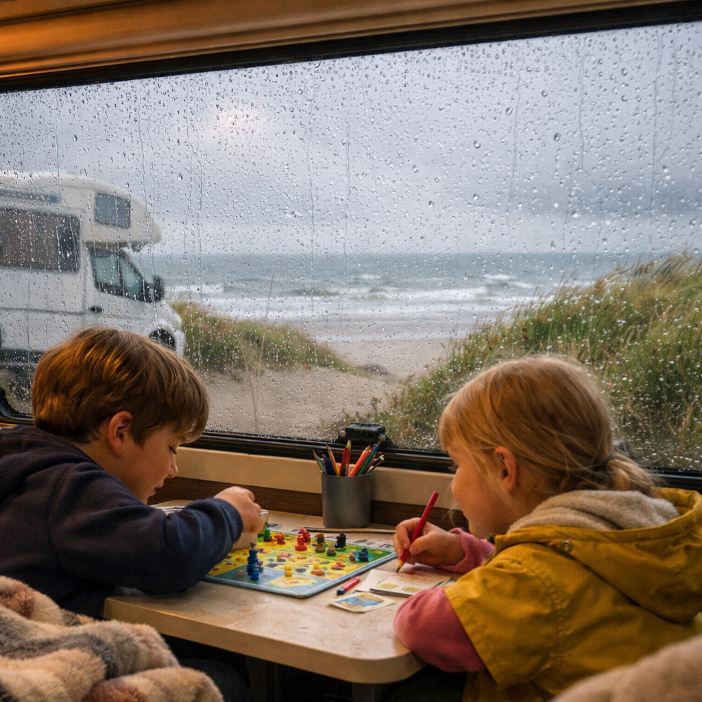 spielen bei Regen im Wohnwagen am Meer
