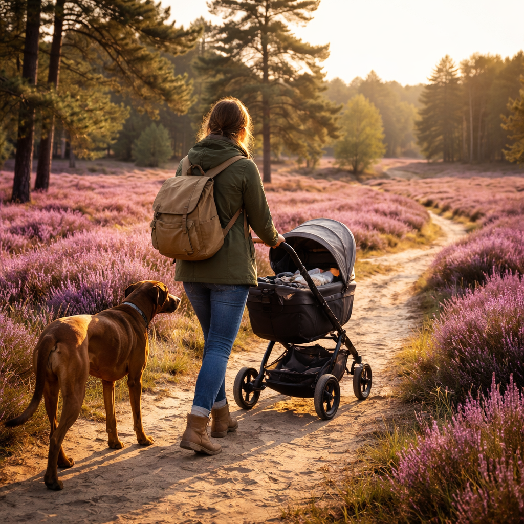 Mama und Kind mit Hund beim Spaziergang in der Lüneburger Heide