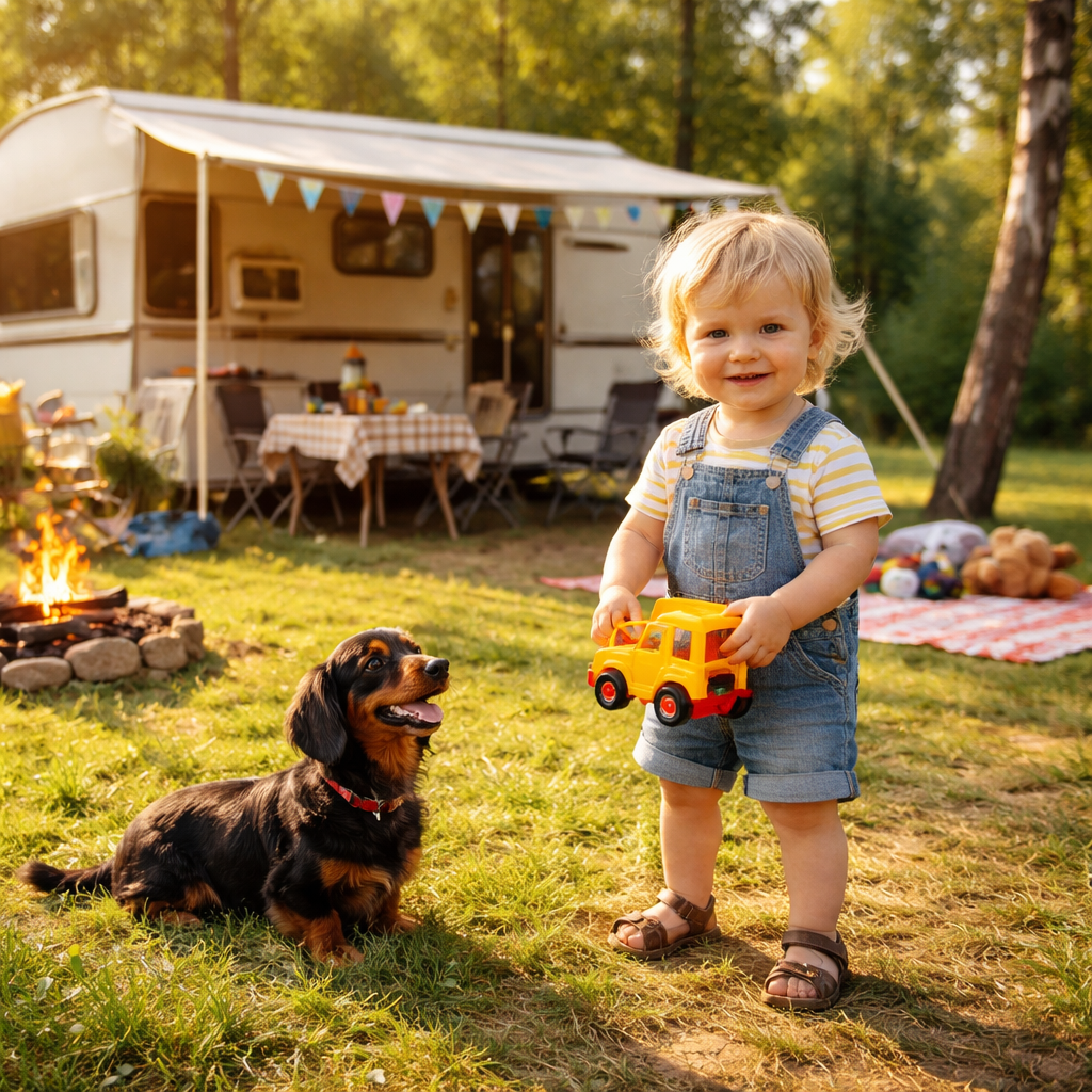 Kind und Hund am Campingplatz