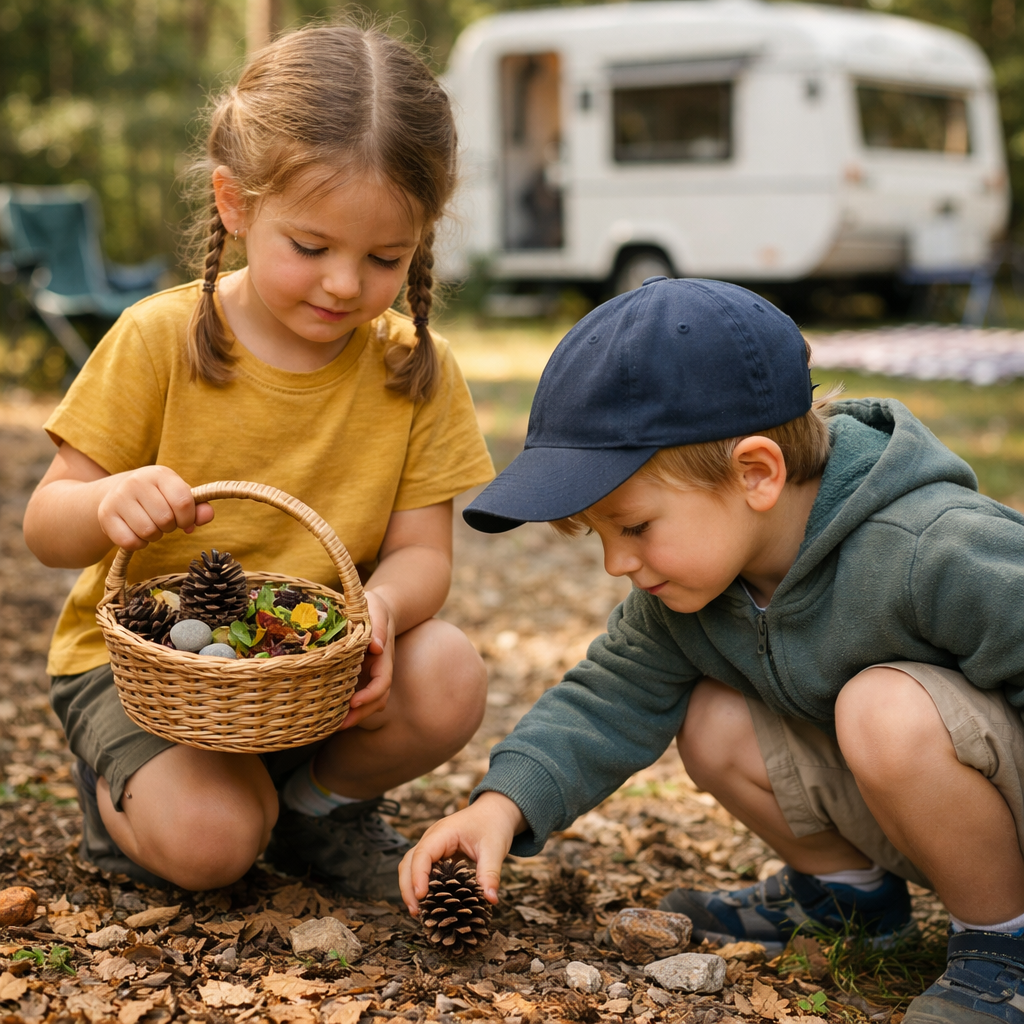 Kinder beim Camping sammeln Naturmaterialien