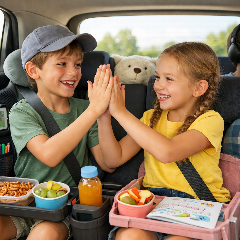 Kinder im Auto auf der Fahrt in den Urlaub