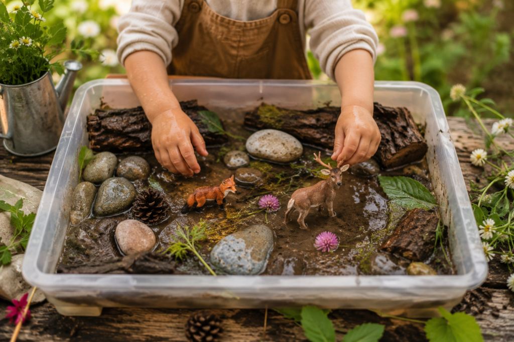 Kind beim sensorischen Spielen draußen mit einer Natur-Spielwanne aus Wasser, Erde, Steinen, Blättern und Tierfiguren. Kreative Sinneserfahrung im Garten für Kinder.