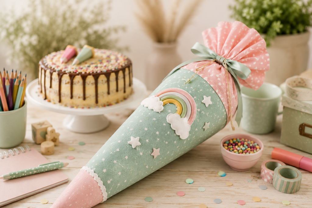Liebevoll gestaltete Schultüte mit Regenbogen-Motiv auf einem Tisch mit Einschulungskuchen, Buntstiften und Schulmaterialien zur Einschulungsfeier.
