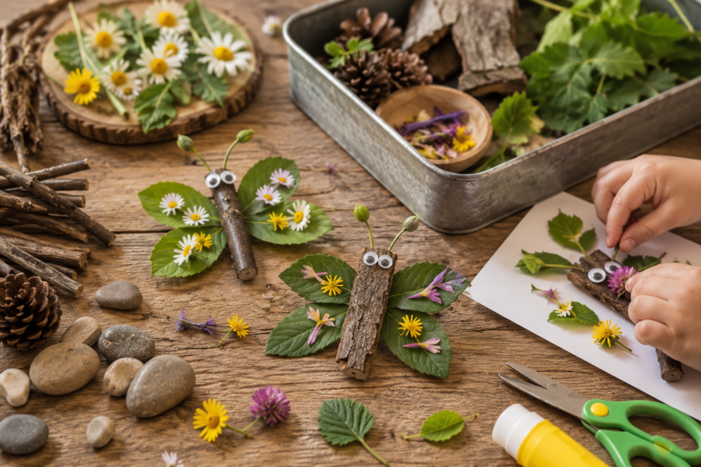 Kinder basteln mit Naturmaterialien wie Blättern, Blumen, Zweigen und Steinen. Kreative Natur-Bastelidee für Kindergartenkinder im Sommer.