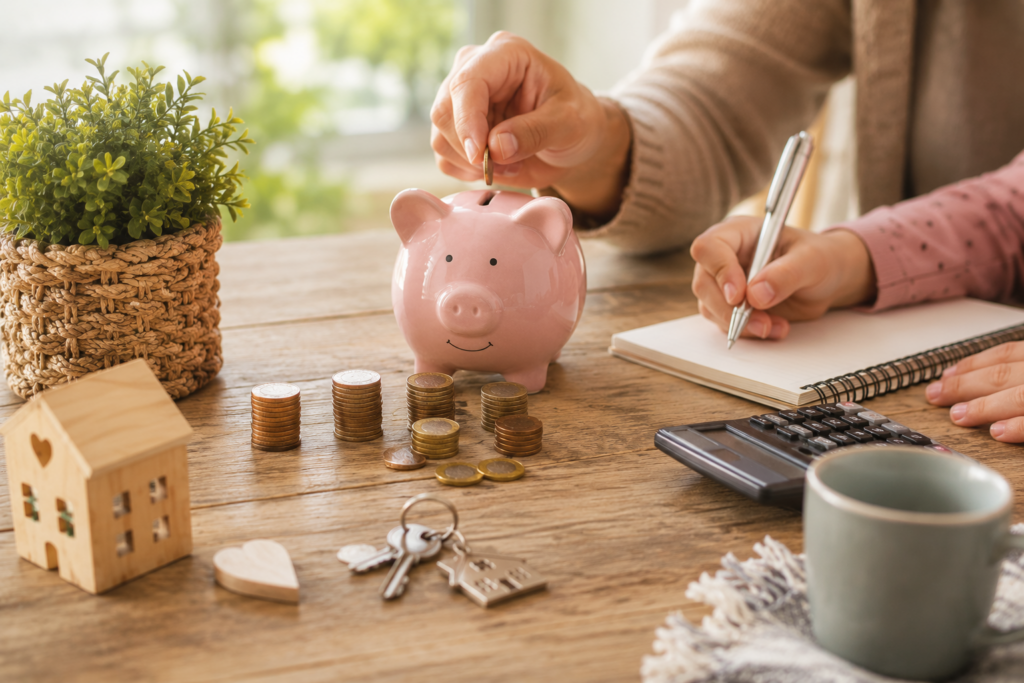 Familie spart Geld im Alltag: Sparschwein, Münzen, Haushaltsbuch und Taschenrechner auf einem Tisch. Einfache Spartipps für Familien und mehr finanzielle Sicherheit.